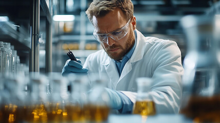 Scientist conducting experiments in a laboratory with various glassware. 