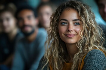 Fototapeta premium Young Woman with Curly Hair Smiling in a Group Setting