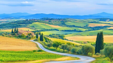 Obraz premium Breathtaking Italian mountain panorama featuring golden fields, a rustic dirt road, and vibrant summer sunset hues.