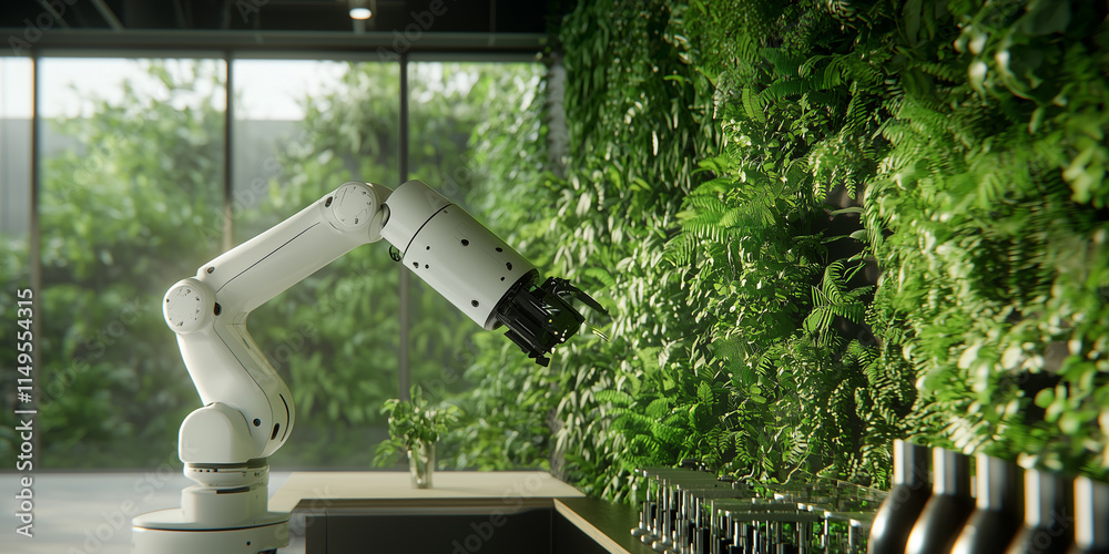 Aufkleber robotic arm operates in modern eco friendly workspace surrounded by lush greenery, emphasizing susta