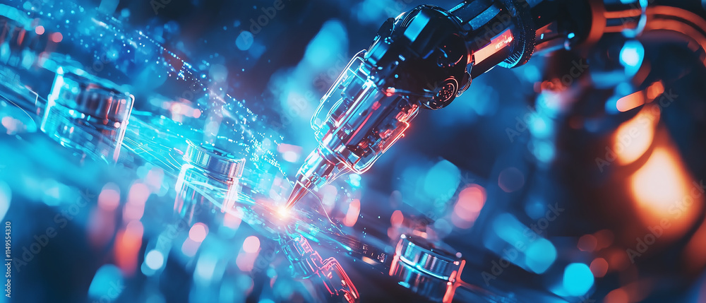 Poster robotic arm assembling intricate components on glowing circuit board, illuminated by vibrant blue an