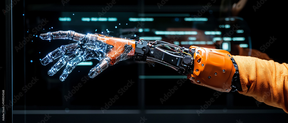 Poster Dynamic robotic arm with intricate mechanical details and glowing digital connections, showcasing advanced technology and innovation in futuristic setting