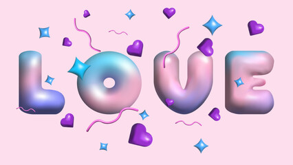 3D letters the English alphabet Y2K style. Text Love with confetti. Bubble font. Festive design. Rainbow Letters for Holiday.