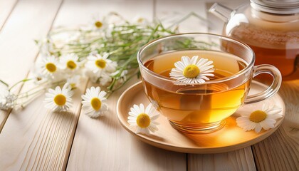 Arrangement featuring hot chamomile tea on a light wooden table. drink, tea cup