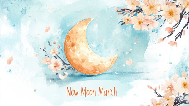 New Moon March Watercolor new moon in march with cherry blossom floral motif for calendar or greeting card design