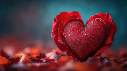 Red heart shaped rose with water drops on petals, surrounded by rose petals.