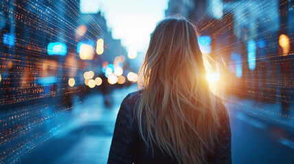 woman with long blonde hair walks through futuristic cityscape illuminated by glowing lights and digital effects, evoking sense of wonder and technology