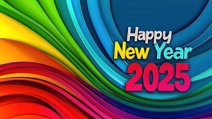 Colorful design celebrating New Year 2025 with vibrant waves and cheerful text.