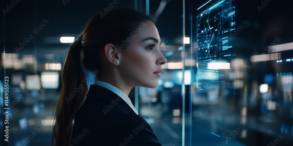 Poster woman in business suit interacts with futuristic ai technology on digital interface in modern, high 