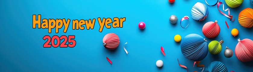 Fototapeta premium A vibrant New Year 2025 graphic featuring colorful decorations and a cheerful message on a bright blue background.