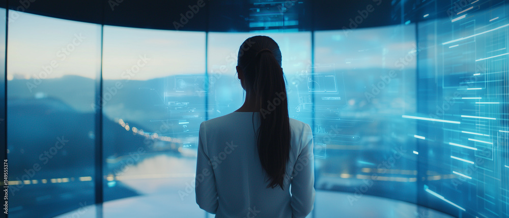 Aufkleber woman in futuristic setting interacts with digital interfaces, exploring ai solutions and technology