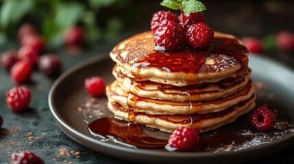 Delicious stack of pancakes drizzled with syrup and topped with fresh raspberries and mint.