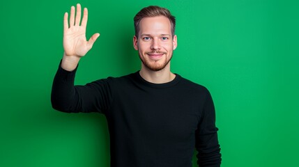 Smiling Man with Five Fingers Up Against Green Background