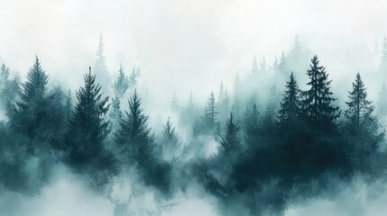 Watercolor foggy forest landscape illustration. Wild nature in wintertime.