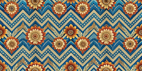 Colorful floral pattern featuring warm tones on a blue chevron background.