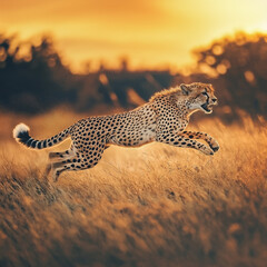 Fototapeta premium Tan Cheetah Sprinting at Sunset in Lush Grasslands