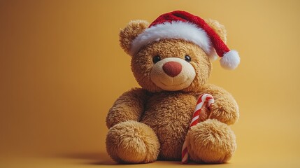 Fototapeta premium Cute teddy bear in Santa hat holding candy cane.
