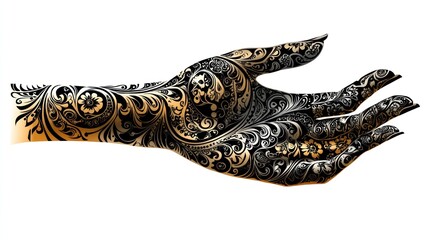 Naklejka premium Ornate hand, black and gold floral tattoo.