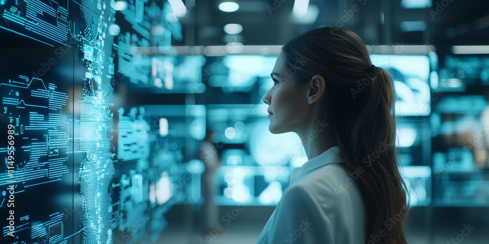 Poster woman in futuristic setting interacts with glowing digital interface, surrounded by holographic data