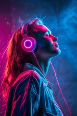 Create an image of a young woman listening to music with neon glowing headphones