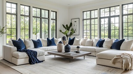 Luxurious sectional sofa in a bright, spacious living room with large windows, natural light, and stylish decor.