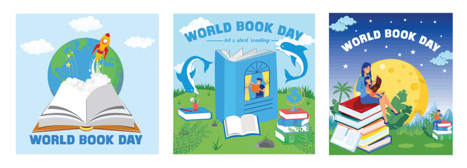 Naklejka premium Highlighting Open Book and Rocket Imagery. A man reads a book by the window. Mom and son reading books on beautiful full moon. Set flat vector modern illustration