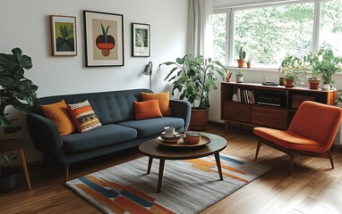 Mid-century modern living room with blue sofa, orange armchair, plants, and geometric rug.