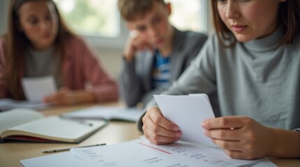 A close-up of a student holding flashcards while studying with a teacher