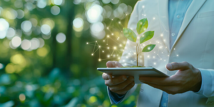 businessman in white suit holds tablet with digital plant hologram, symbolizing innovation and sustainable technology in agriculture, set against lush green background - Powered by Adobe