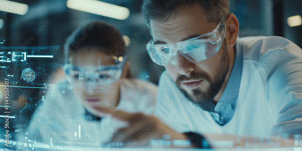 Poster scientists analyzing futuristic holographic data in high tech laboratory, wearing protective glasses