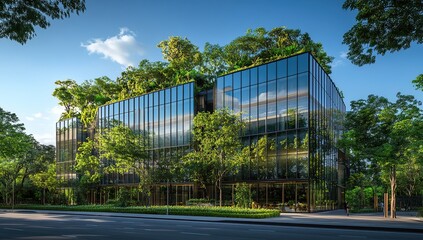 Obraz premium Modern Glass Office Building with Green Roof and Lush Landscaping: Sustainable Urban Design