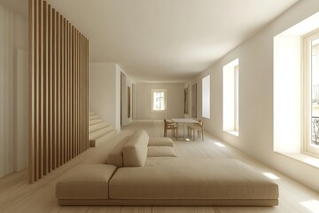 Minimalist apartment interior design with beige sofa, wooden partition, and large windows.