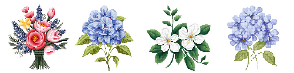 Cross stitch flower bouquet png cut out element set, transparent background