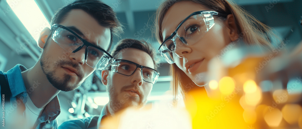 Poster Low angle view of group of engineers wearing safety glasses, collaborating on project in modern laboratory, with glowing light source in foreground