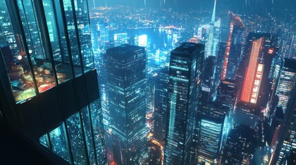 Night Cityscape from Above: A Panoramic View of Illuminated Skyscrapers