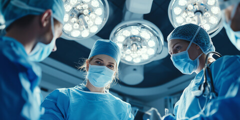 team of surgeons in brightly lit operating room collaborates during surgical procedure, wearing blue scrubs, masks, and caps, with focused expressions under surgical lights
