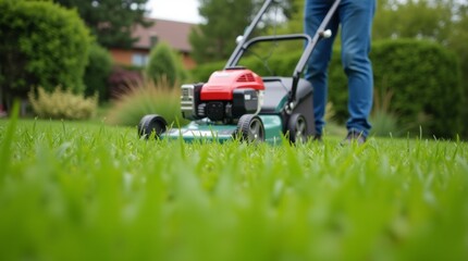 A close-up of a skilled man mowing a lush green lawn with a push mower