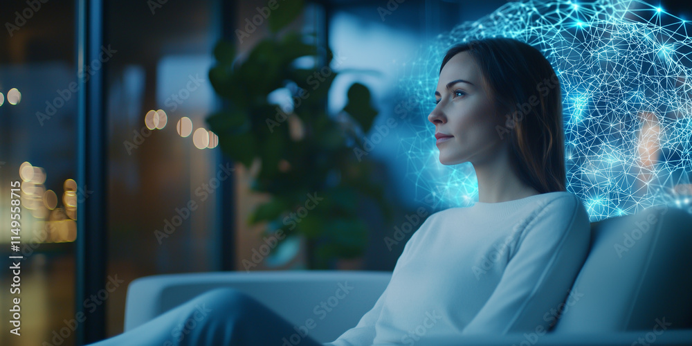 Poster woman sitting in modern smart environment, illuminated by glowing neural network hologram, symbolizi
