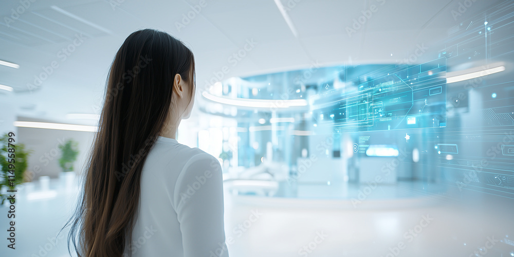 Poster woman in modern, tech driven workspace looks at futuristic digital interface, surrounded by bright, 