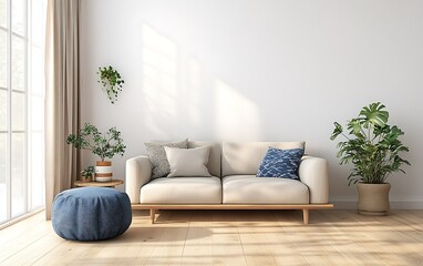 Minimalist living room interior design with beige sofa, blue ottoman, plants, and sunlight streaming through window.