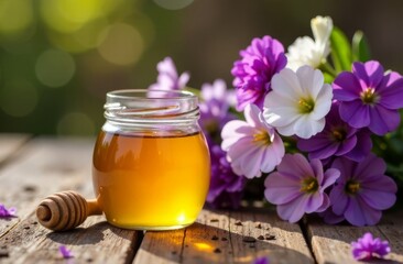 A jar of honey sits atop a weathered wooden table Nearby, a vibrant bouquet of purple and white flowers blooms