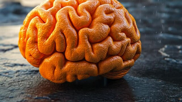 Realistic Orange Brain Model on Wet Surface with Detailed Texture