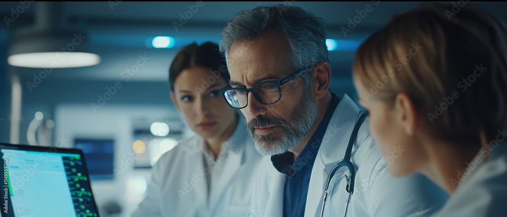 Poster doctors in modern medical lab discussing patient data displayed on computer screen, showcasing teamw