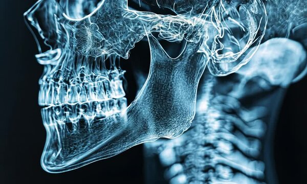 Stylized X-Ray of a Human Skull and Cervical Spine in Profile