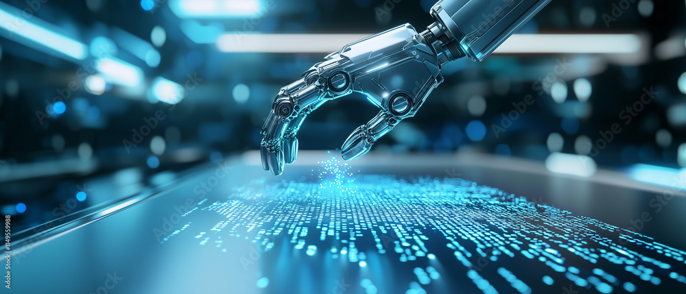 Aufkleber Futuristic robotic hand interacting with glowing digital interface, showcasing advanced technology and innovation in artificial intelligence and automation