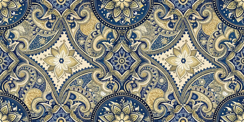 Intricate blue and gold paisley pattern featuring floral designs and elegant swirls.