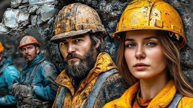 Portraits of Miners and Workers in Hard Hats and Safety Gear