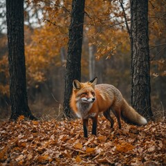 A playful red fox in an autumn forest, surrounded by falling leaves.