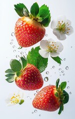 Three Juicy Strawberries Floating in Water with Delicate Blossoms: A Refreshing Summer Still Life Photography