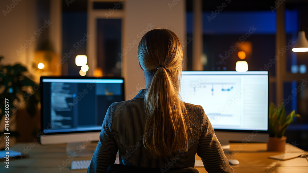 Poster woman working late at night in modern office, using dual monitors displaying data and code, with focused and determined expression, surrounded by professional workspace